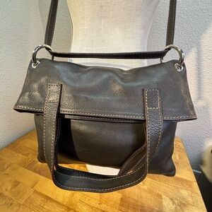 Del Borgo Italian Pebbled Leather Bag Convertible Tote Foldover Crossbody Brown